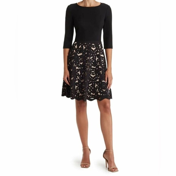 NEW Focus by Shani Aponte Fit and Flare Laser Cut Dress Black/Nude 2 - Picture 1 of 5